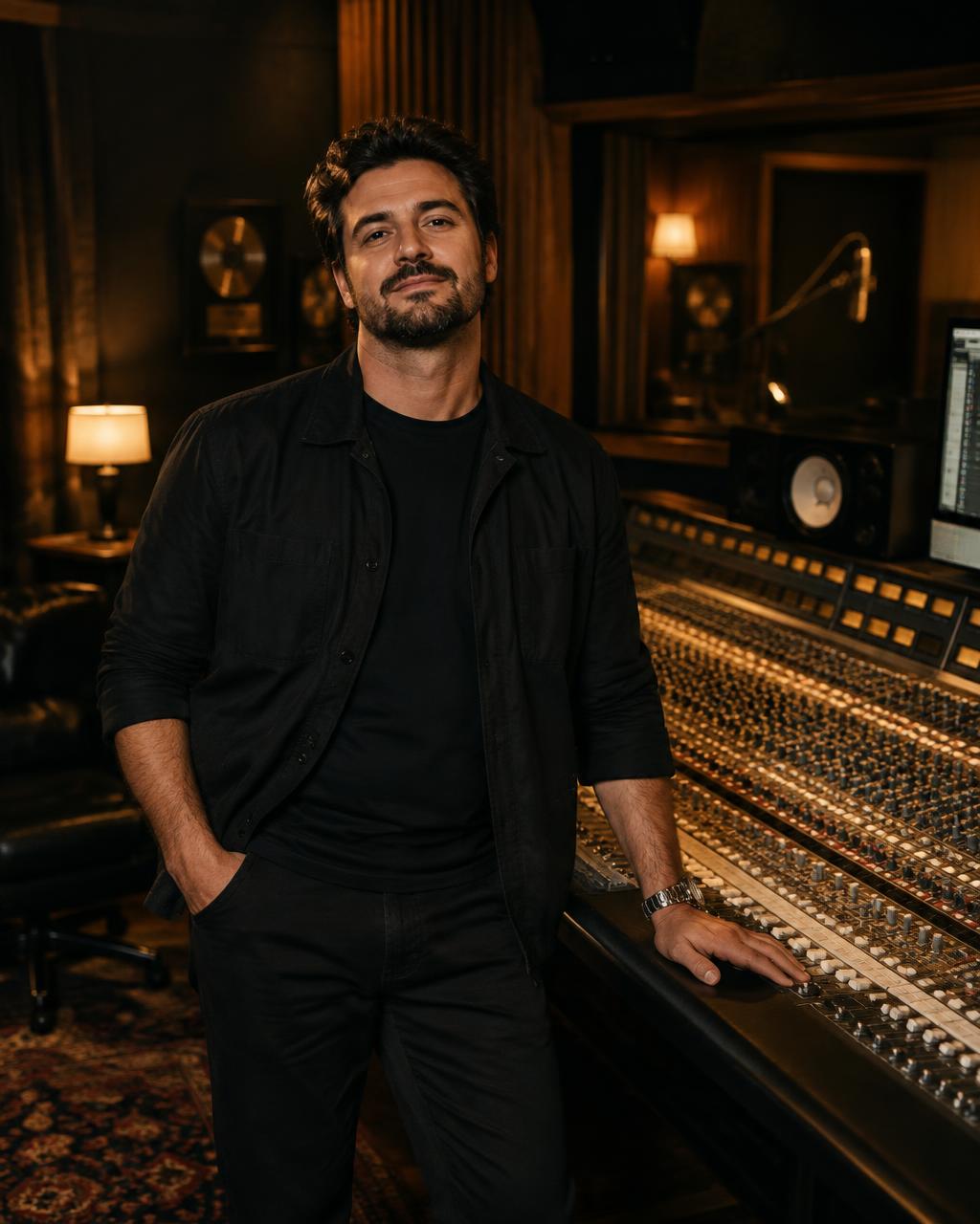 The owner of No Stress Sound Academy beside the console